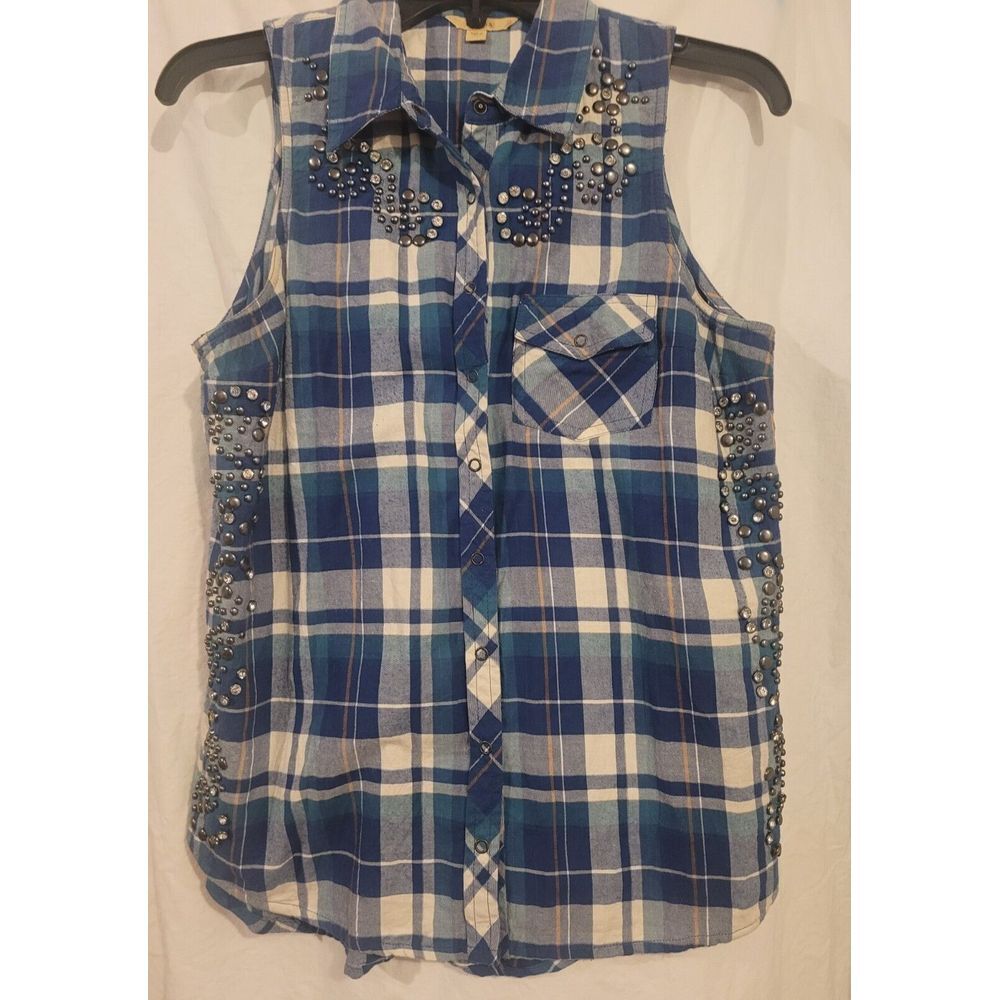 Guess Blue Plaid Studded Sleeve Less Shirt Small